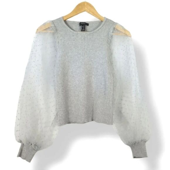 NEW Forever 21 Sheer Swiss Dot Puff Sleeve Rib Knit Sweater in Gray Size Small - Picture 11 of 13
